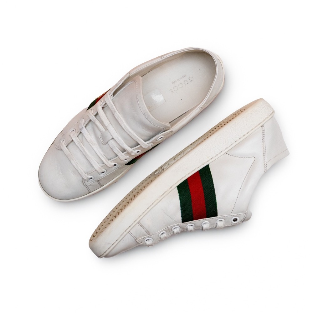 Gucci White Leather Low-Top Sneakers with Green and Red Web and Gold Bee - Picture 8 of 15